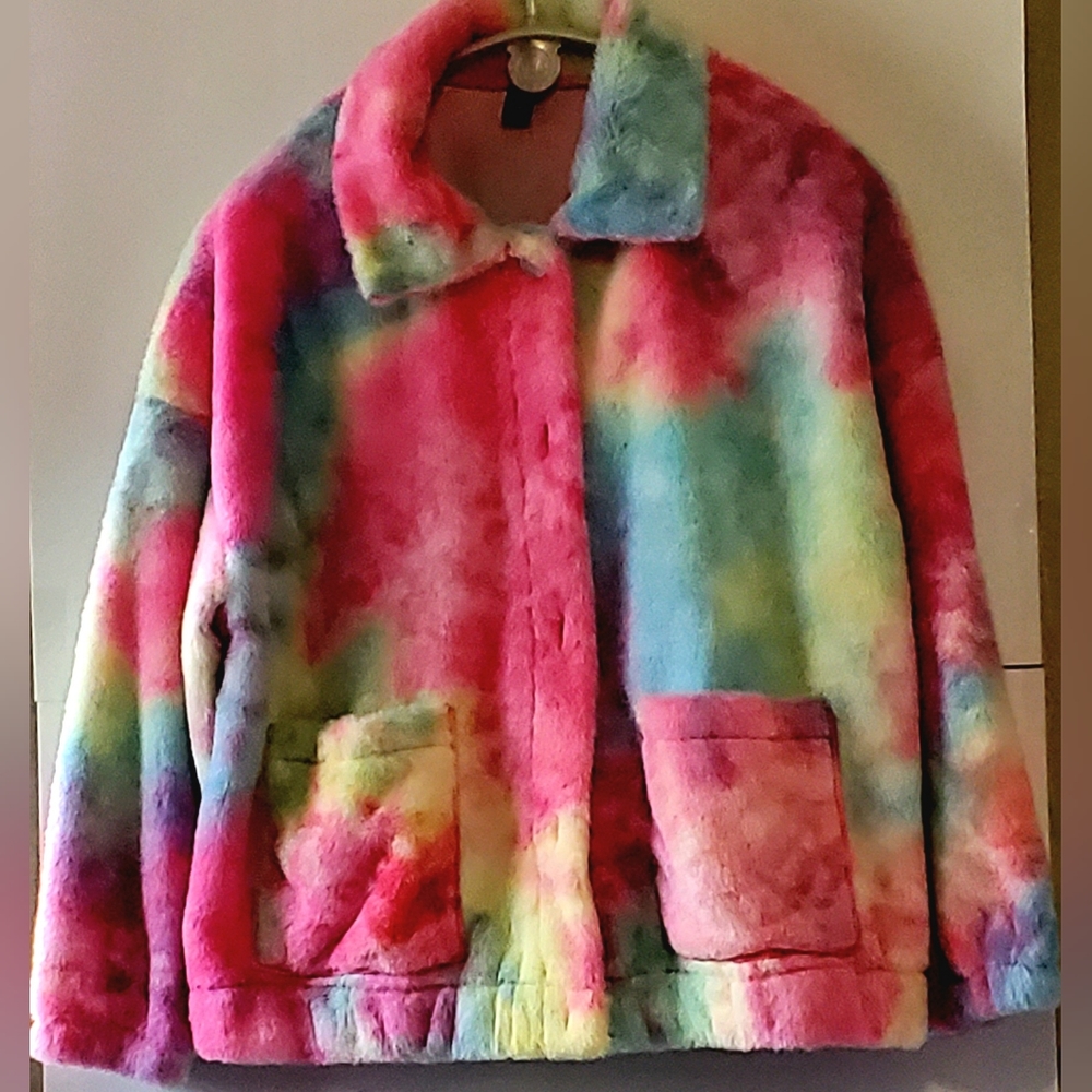 Plus Tie Dye Drop Shoulder Fuzzy Jacket